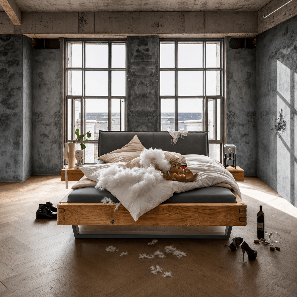 TPT Möbel Jorund Massief Eiken Balkenbed sfeerbeeld in moderne slaapkamer