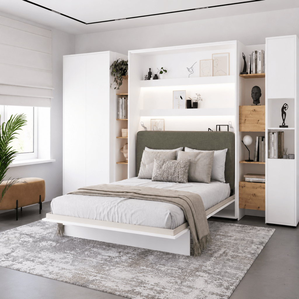 Sfeervolle modern ingerichte studio met een uitgeklapt Lenart Concept verticaal opklapbed
