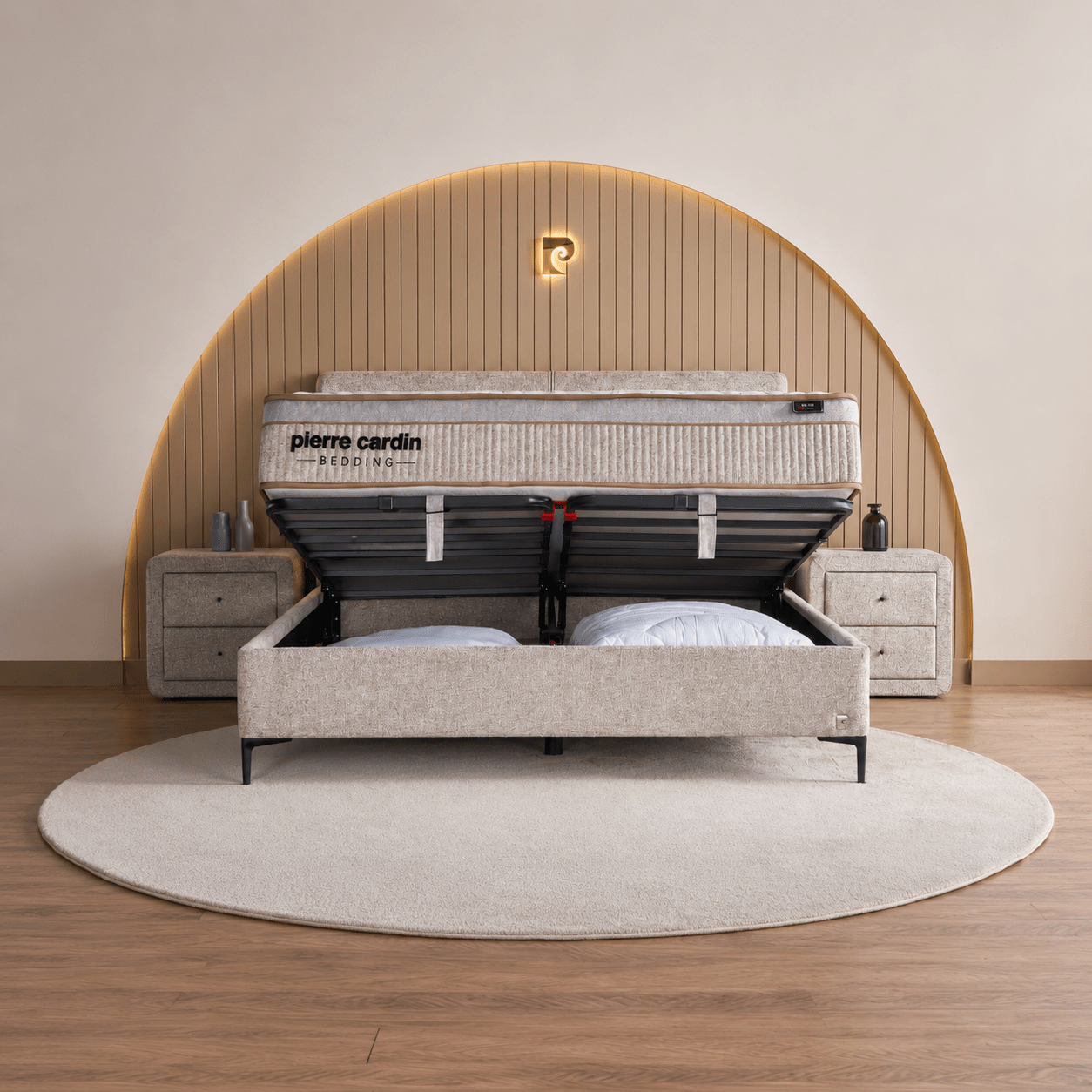 Geopende opbergboxspring Palais met stalen frame en Smooth Motion systeem