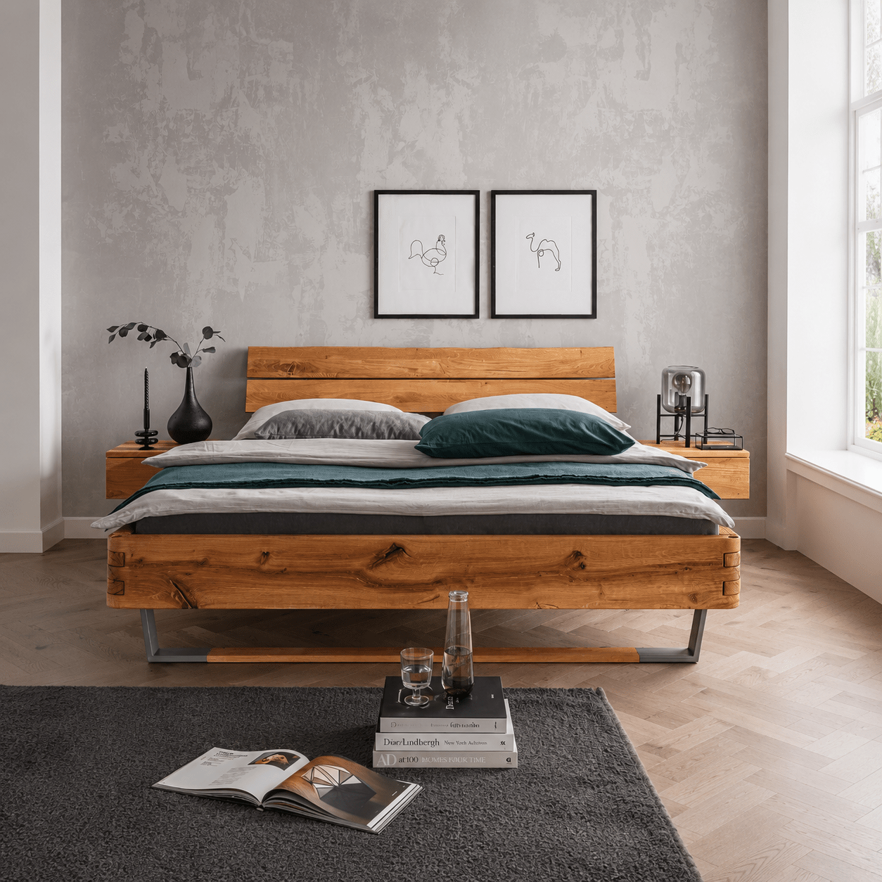 Van Schaik Wolfram Massief Eiken Balkenbed sfeerbeeld in moderne slaapkamer