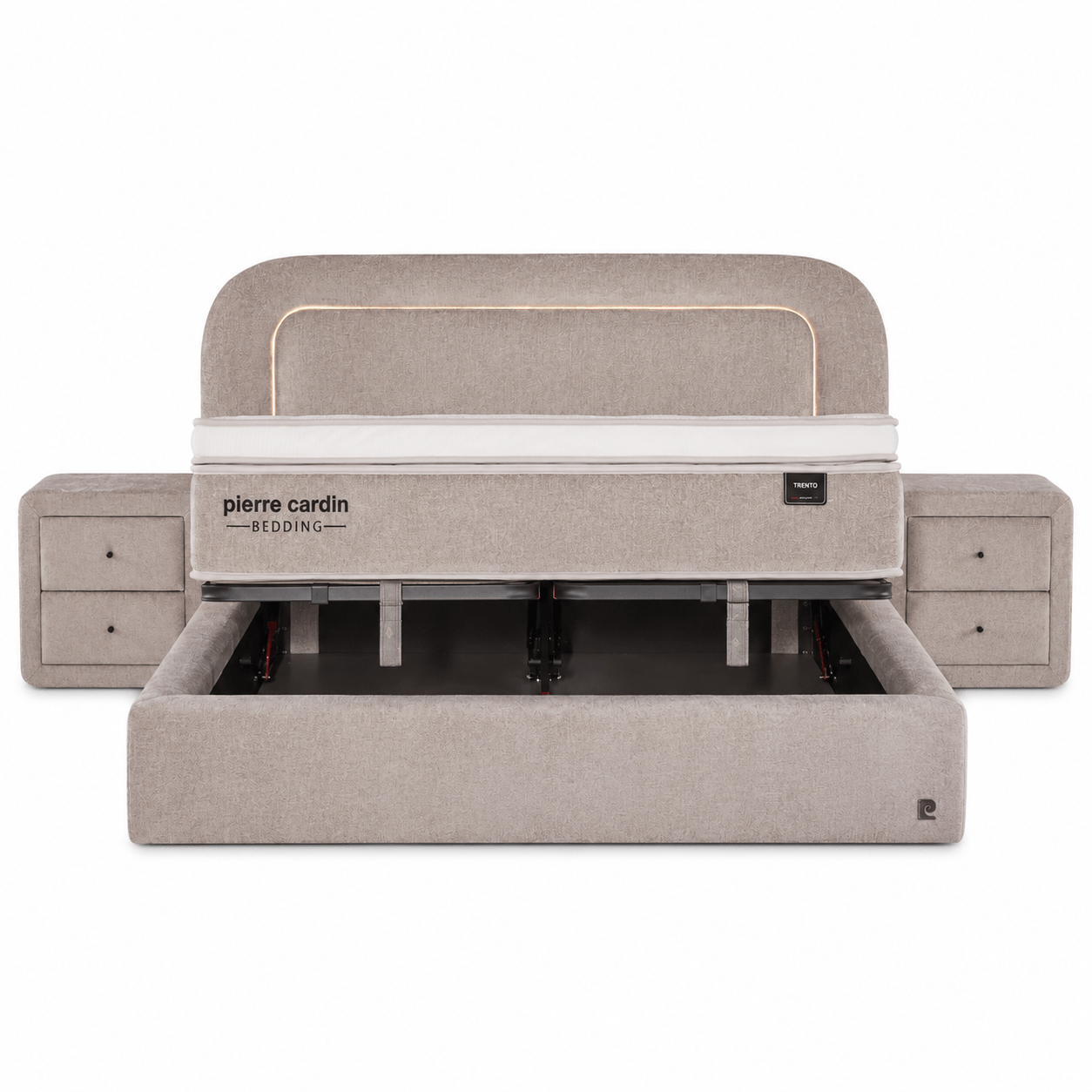 Geopende opbergboxspring Trento met stalen frame en Smooth Motion systeem