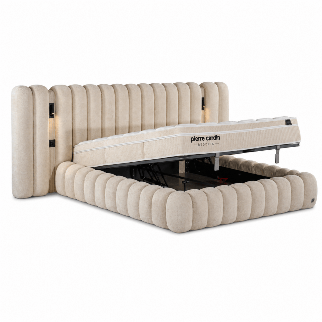 Geopende opbergboxspring Modena Prime met stalen frame en Smooth Motion systeem