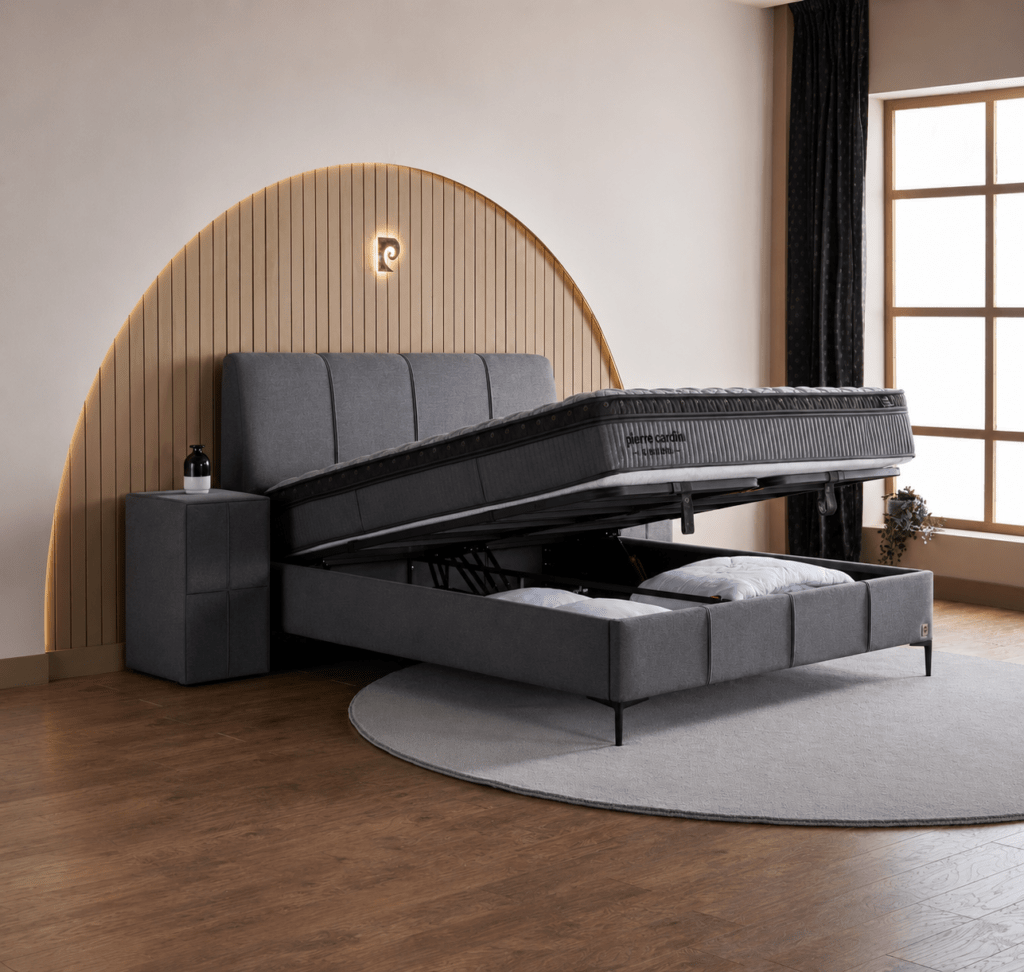 Geopende opbergboxspring Leon met stalen frame en Smooth Motion systeem