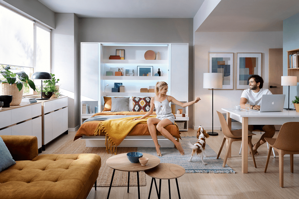 Lenart Concept opklapbed verticaal 140x200 Vertical Murphy Bed White in een moderne studio