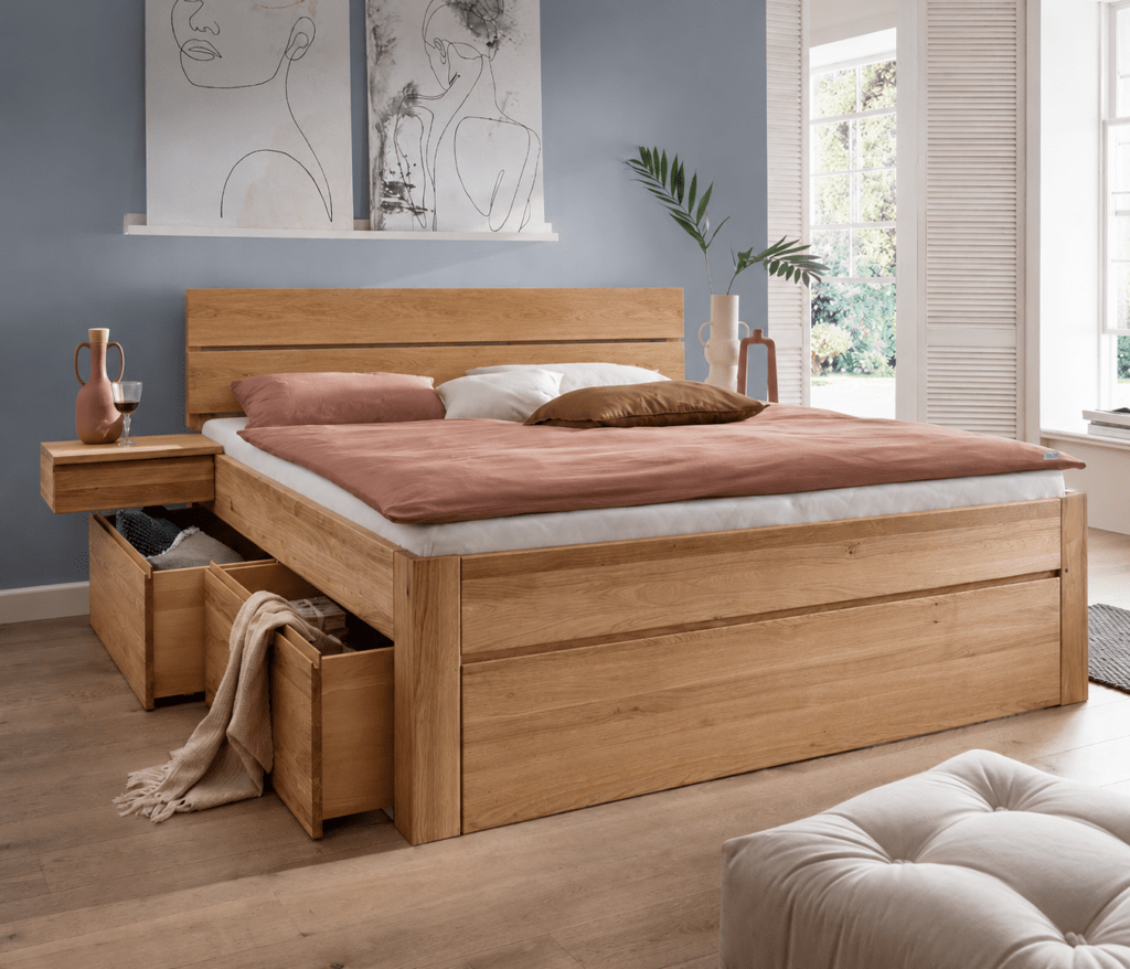 Forestales Aurelian 55 cm massief eiken houten bed met lades in sfeervolle slaapkamer
