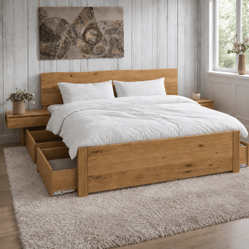 Forestales Elwood 55 cm massief eiken houten bed met lades in sfeervolle slaapkamer