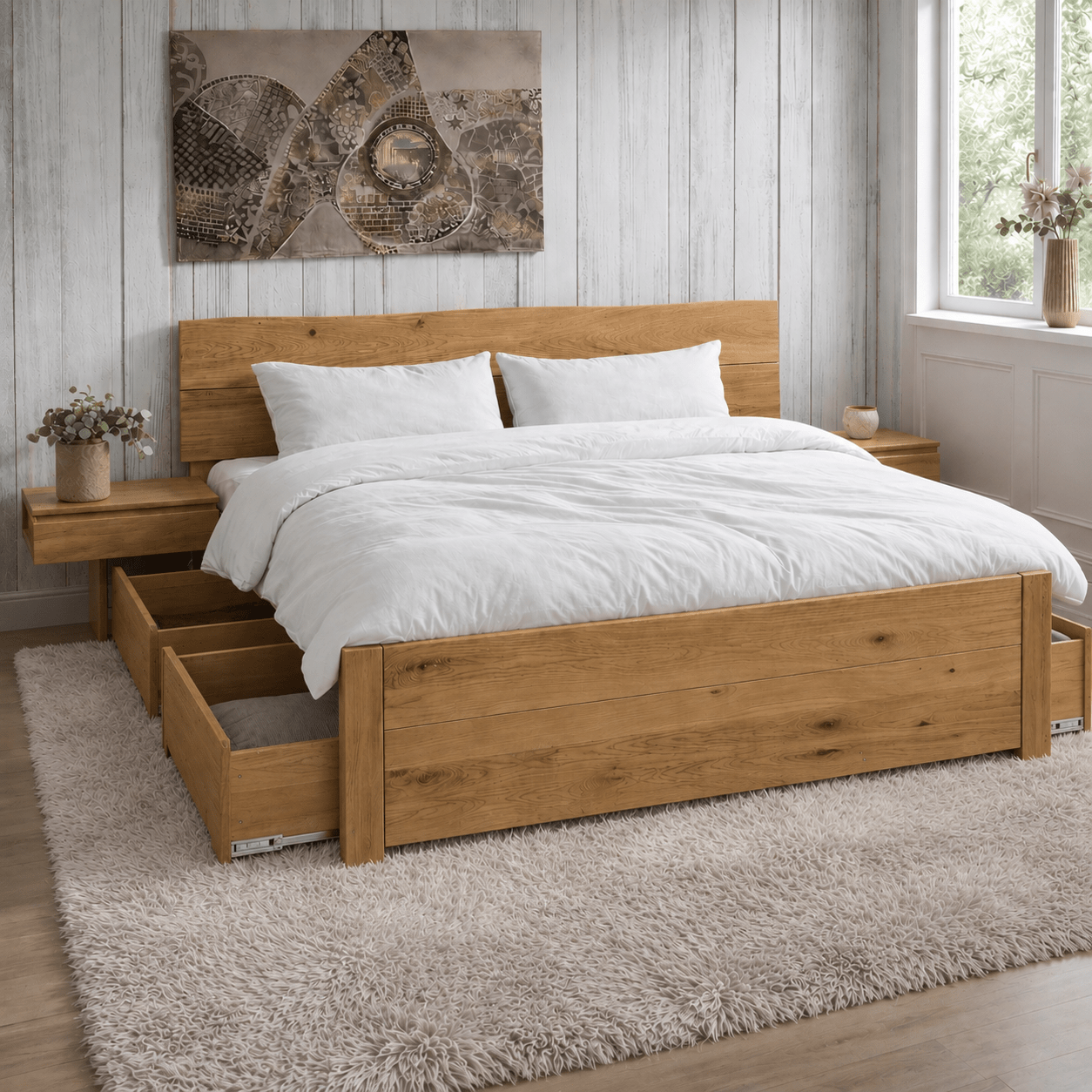 Forestales Elwood 55 cm massief eiken houten bed met lades in sfeervolle slaapkamer