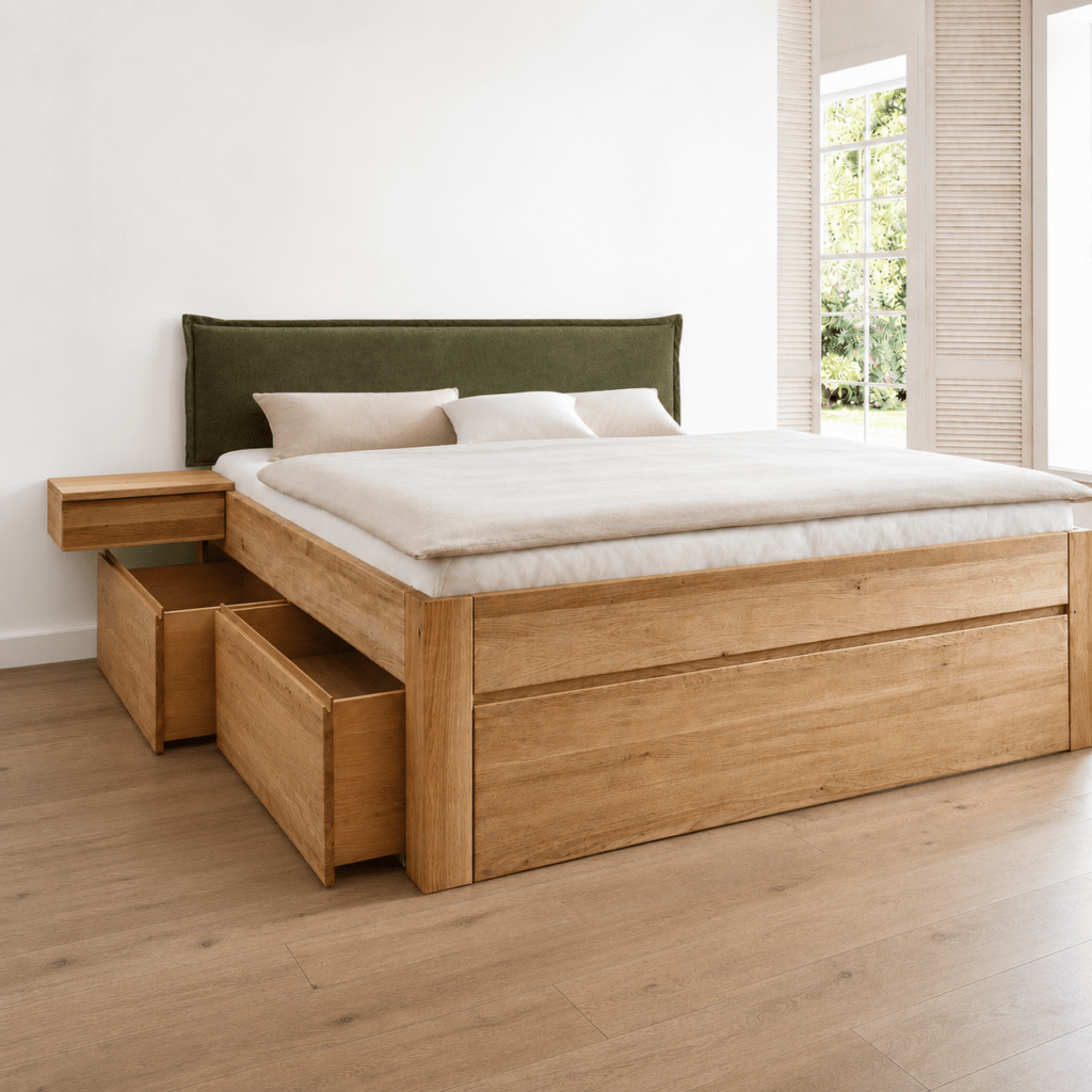 Forestales Roald 55 cm massief eiken houten bed met lades in sfeervolle slaapkamer
