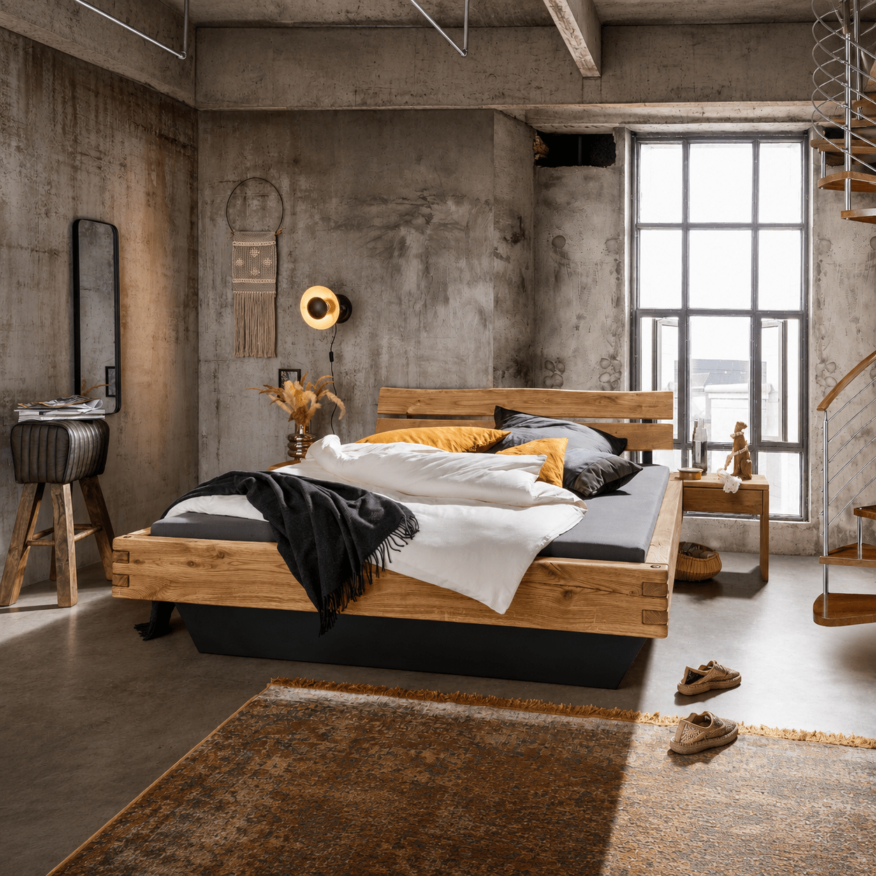 TPT Möbel Ilvar Massief Eiken Balkenbed sfeerbeeld in moderne slaapkamer