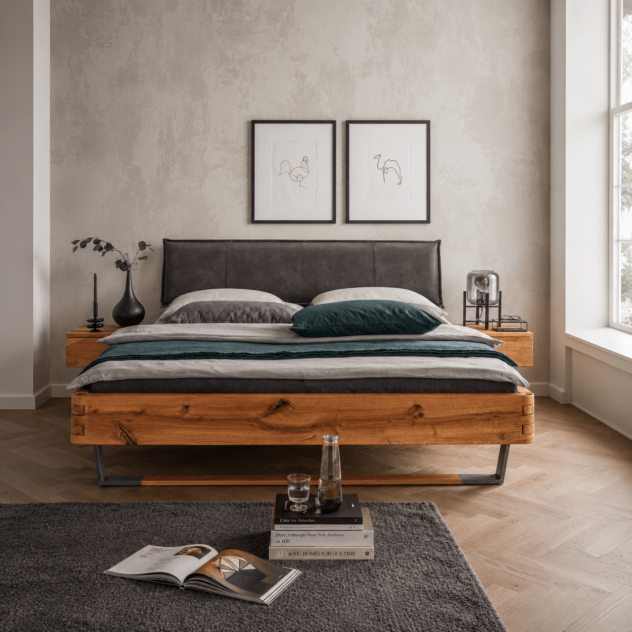 Van Schaik Ulmar Massief Eiken Balkenbed sfeerbeeld in moderne slaapkamer