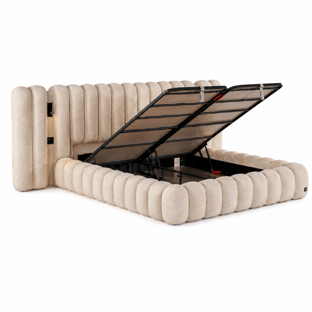 Geopende opbergruimte van het luxe opbergbed met pocketvering