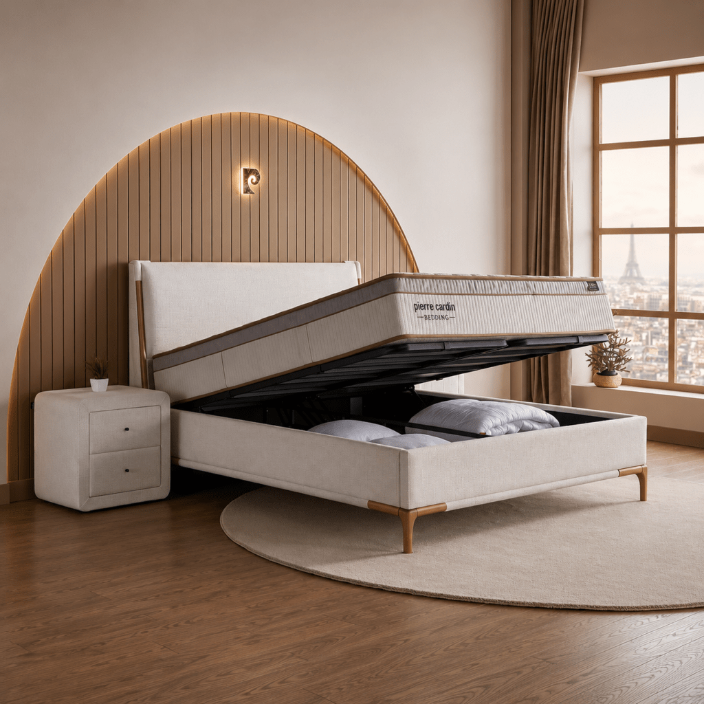 Geopende opbergboxspring Elysee met stalen frame en Smooth Motion systeem
