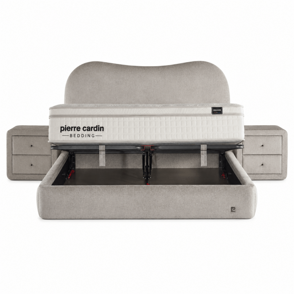Geopende Pierre Cardin Lune opbergboxspring met stalen frame en Smooth Motion