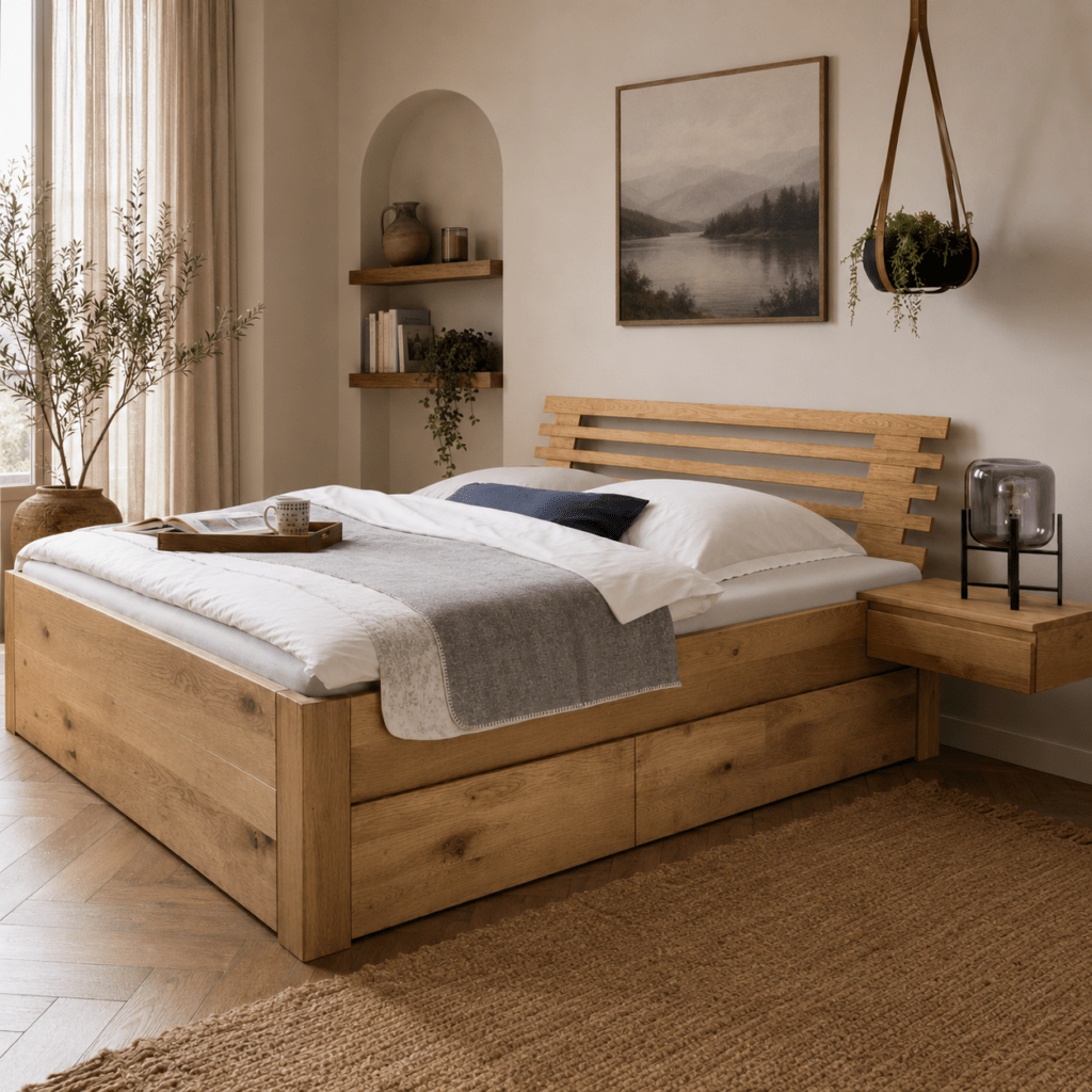Houtnerf en textuur van Stabverleimt massief wild eikenhout bij het Norvale bed