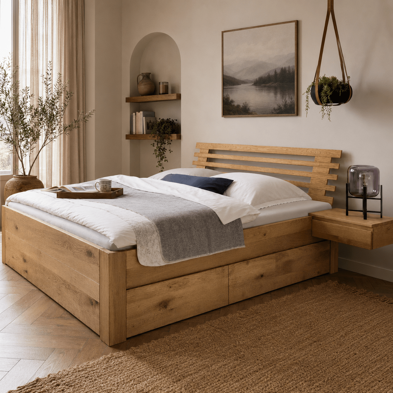 Houtnerf en textuur van Stabverleimt massief wild eikenhout bij het Norvale bed