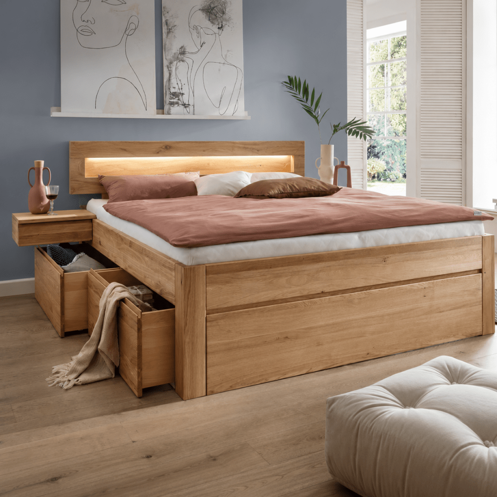 Forestales Rorik 55 cm massief eiken houten bed met bedlades in sfeervolle slaapkamer
