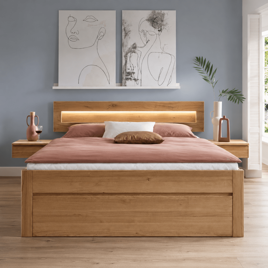 Detailopname van de bedlade en de 55 cm hoge bedrand van massief wild eikenhout