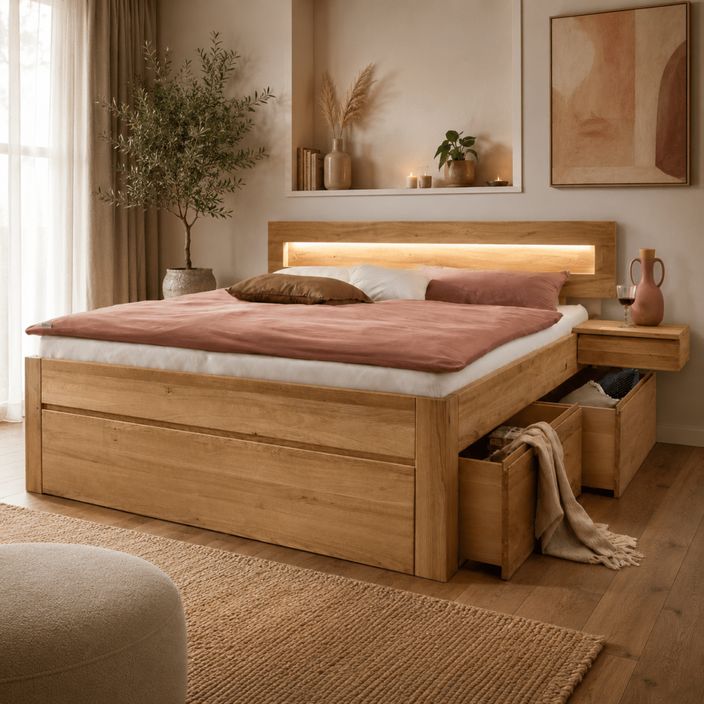 Houtnerf en textuur van Stabverleimt massief wild eikenhout bij het Rorik bed