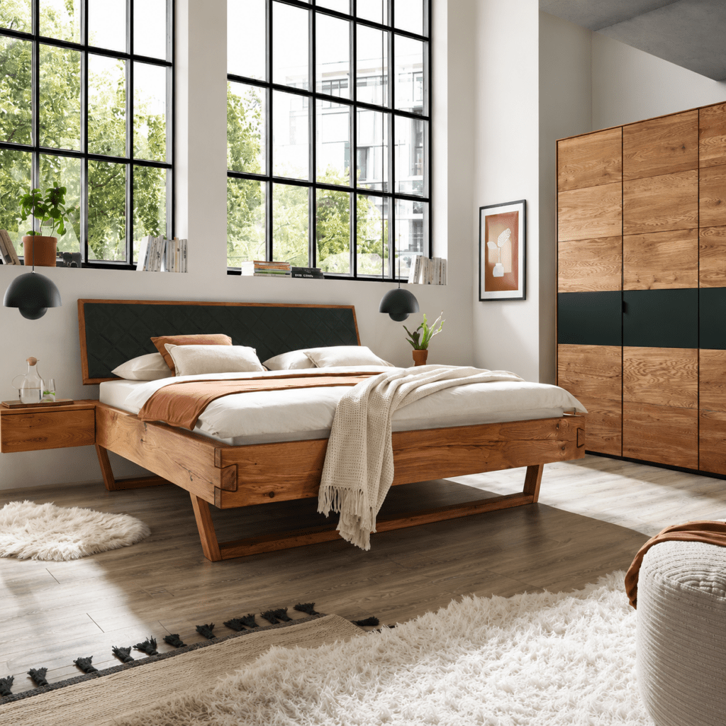 TPT Möbel Farlund Massief Eiken Balkenbed sfeerbeeld in moderne slaapkamer