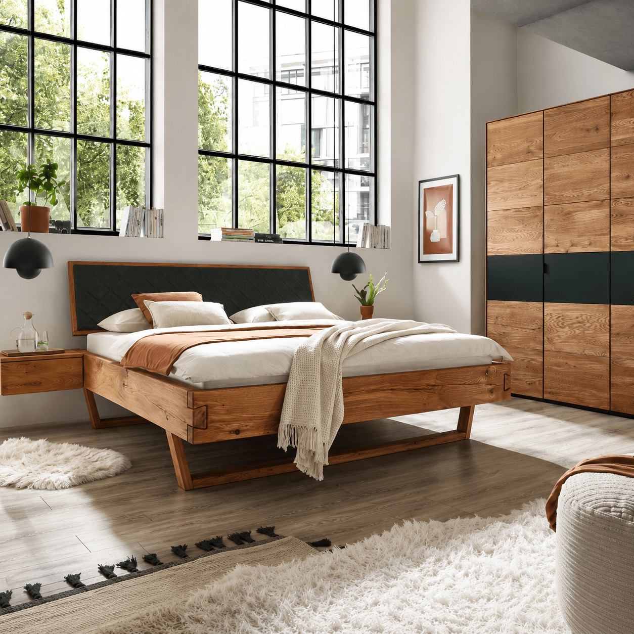 TPT Möbel Farlund Massief Eiken Balkenbed sfeerbeeld in moderne slaapkamer