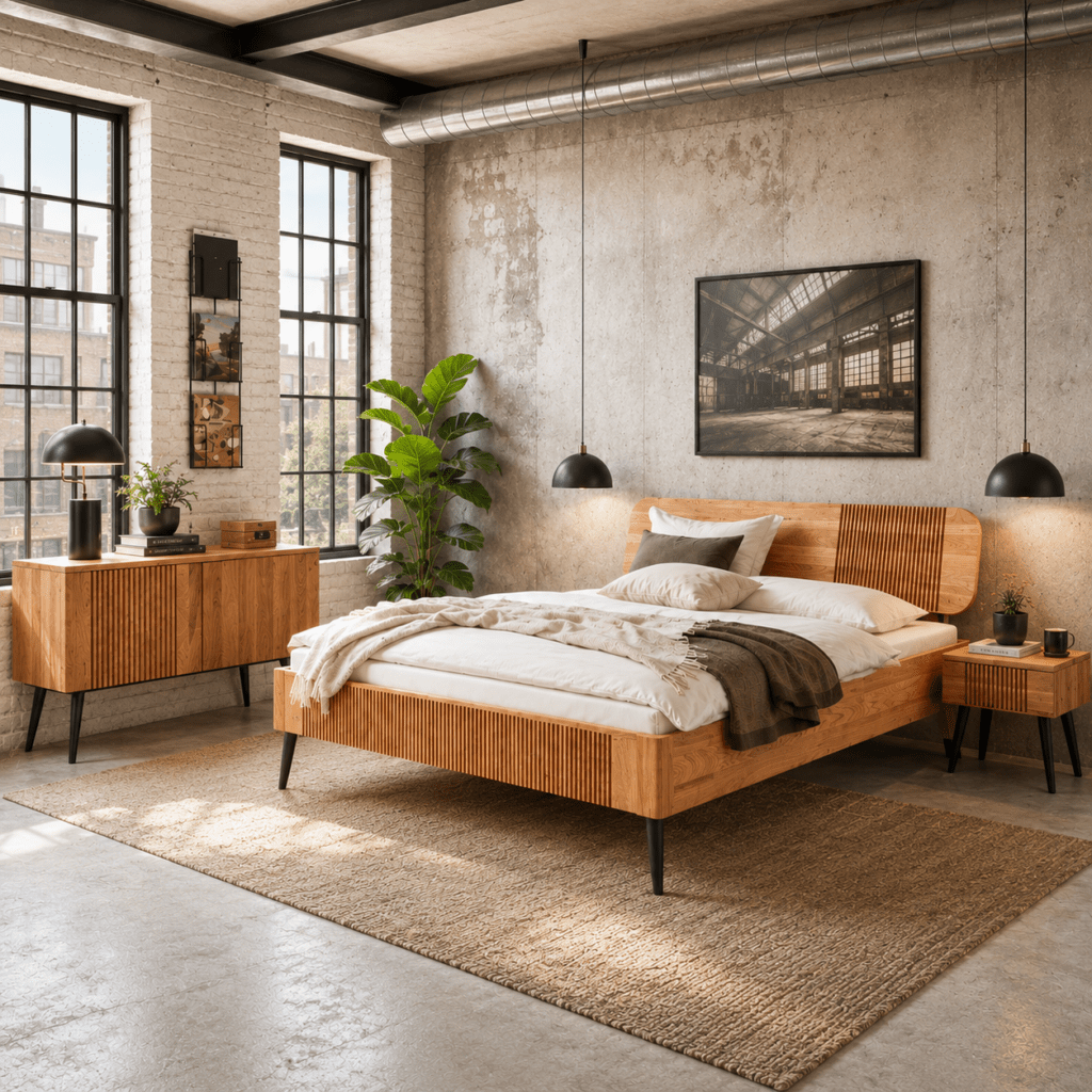 Van Schaik Milano massief eiken bed met rillenoptiek in een stijlvolle slaapkamer