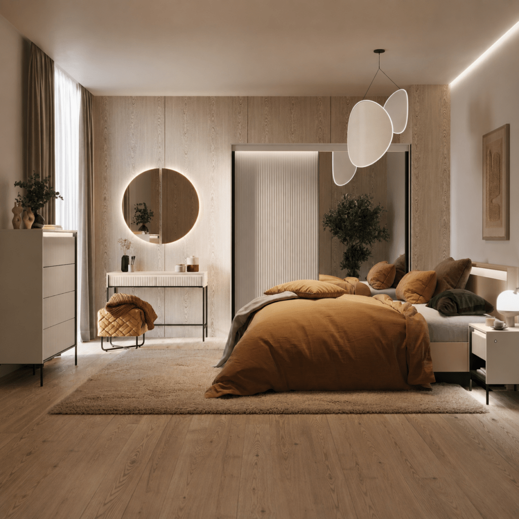 Detailopname gegroefde fronten zandbeige van Lenart TREND kledingkast