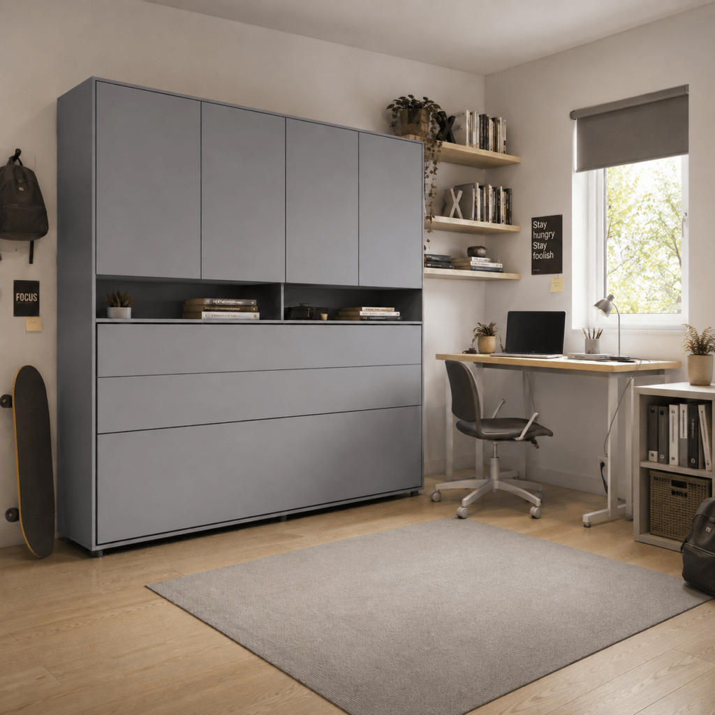 Transformatie van het horizontaal opklapbed 90x200 wit in dag- en nachtstand