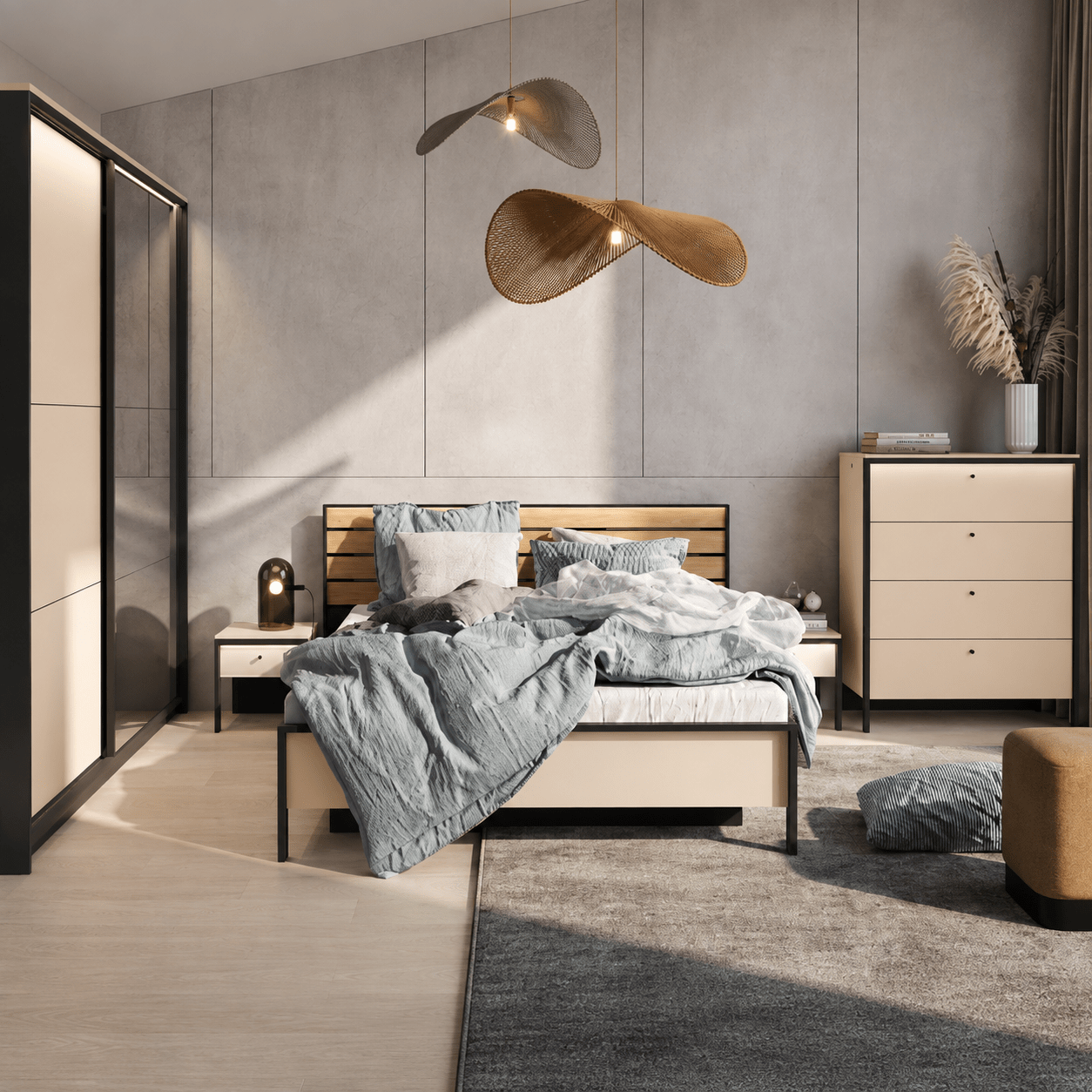 Lenart Enna complete slaapkamer set in beige met Vincenza eiken en zwart