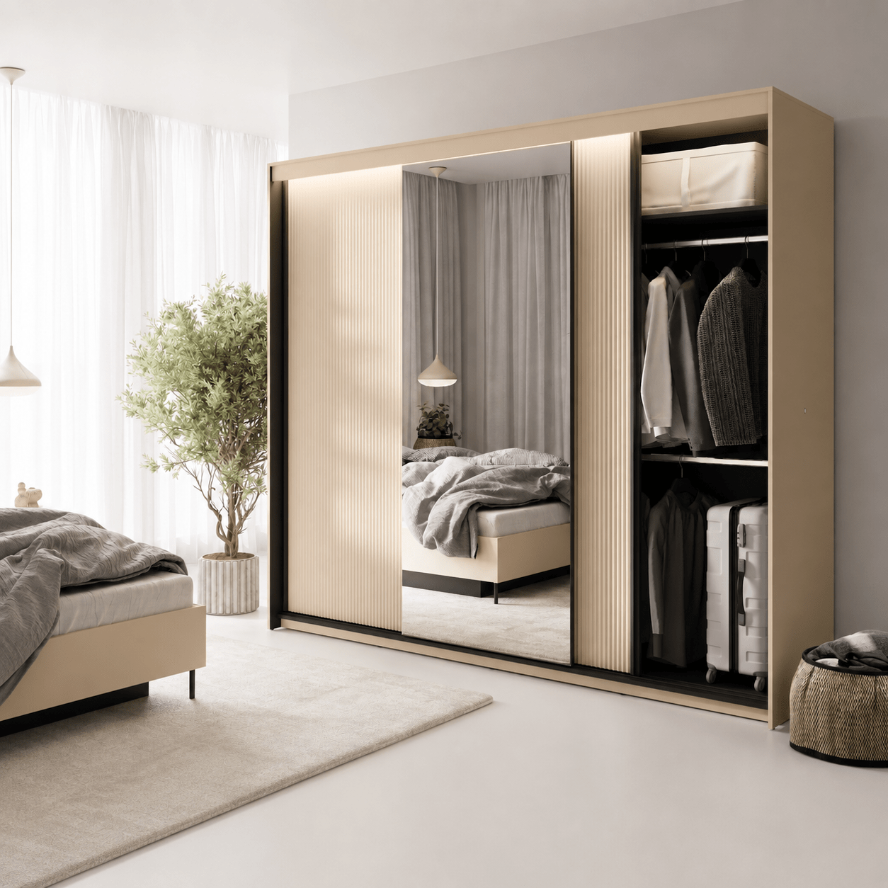 Spiegeldeur op de Lenart TREND schuifdeurkast 250 cm zandbeige zwart