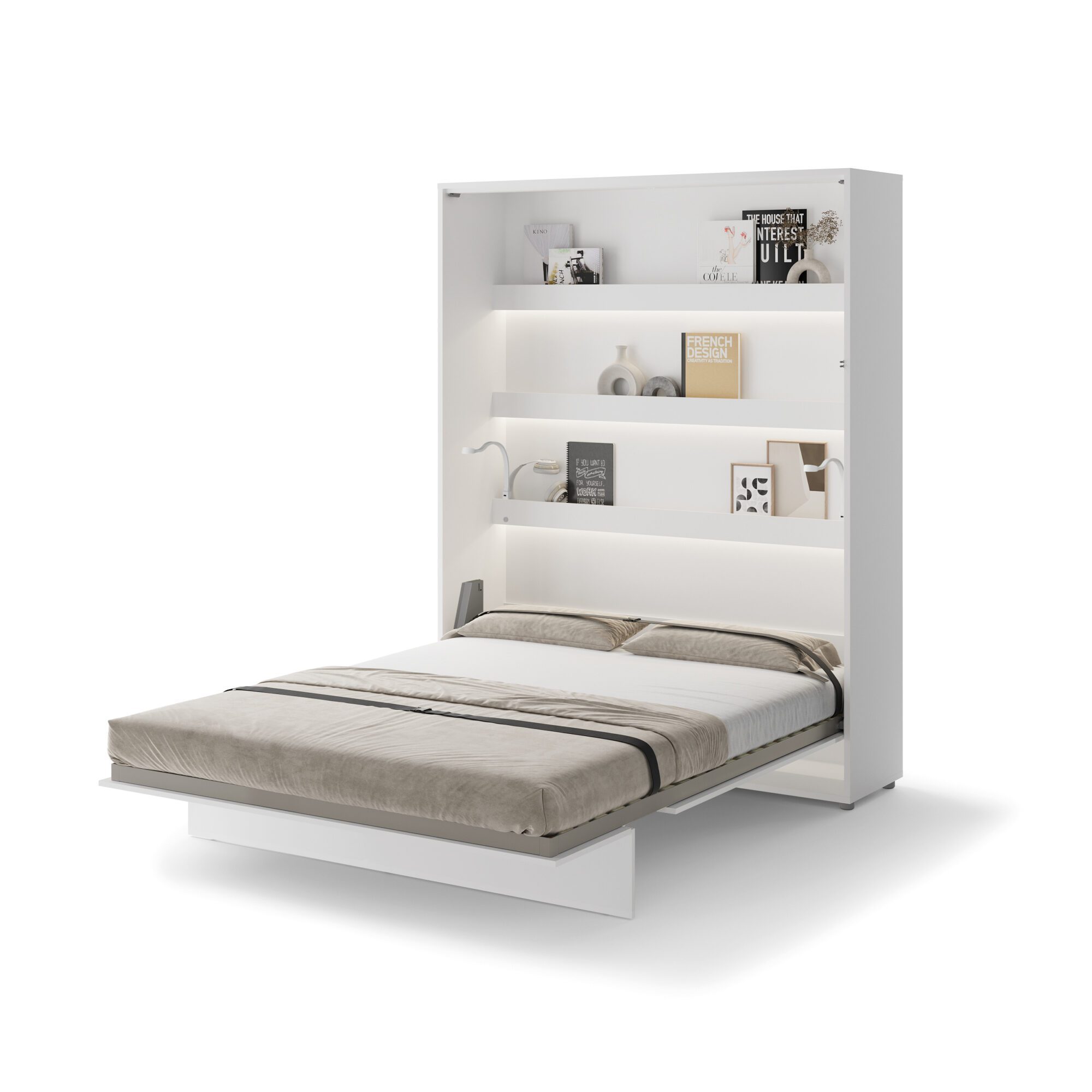 Uitgeklapt verticaal opklapbed 160x200 wit met stalen frame en lattenbodem