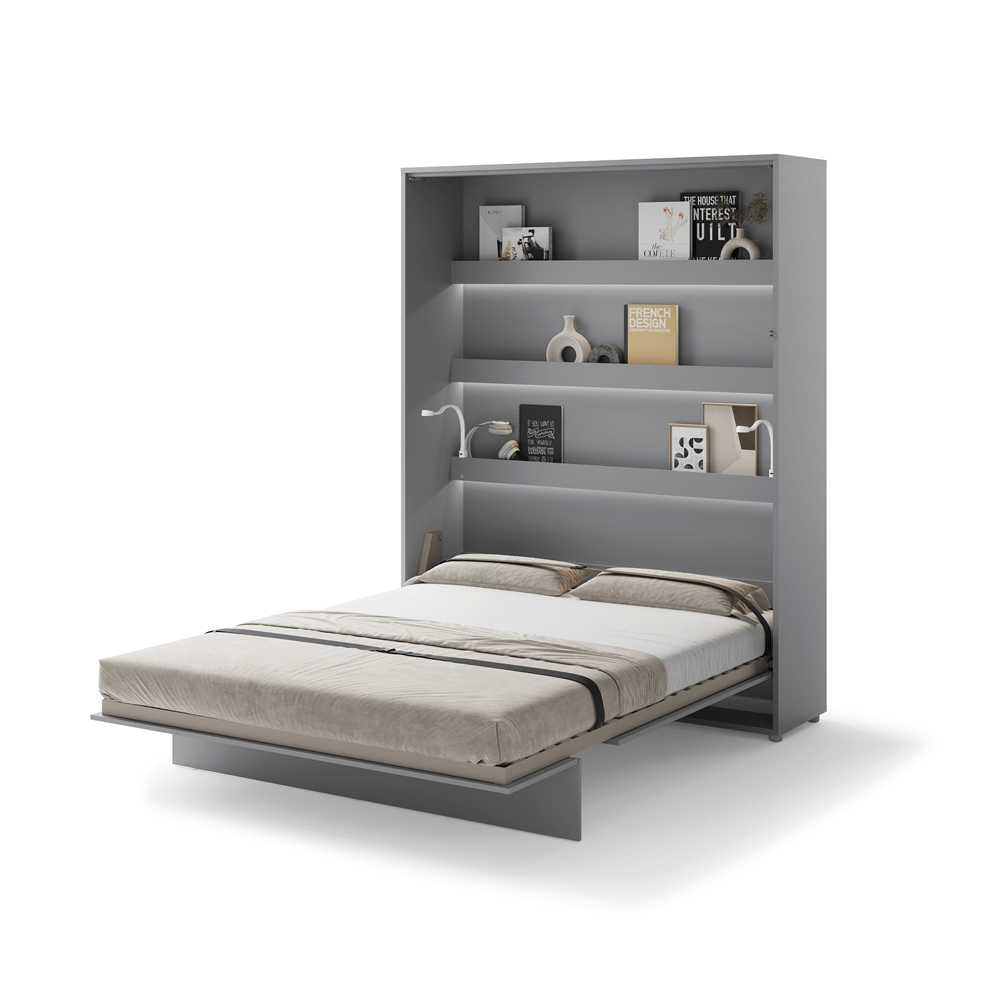 Uitgeklapt verticaal opklapbed 160x200 grijs met stalen frame en lattenbodem