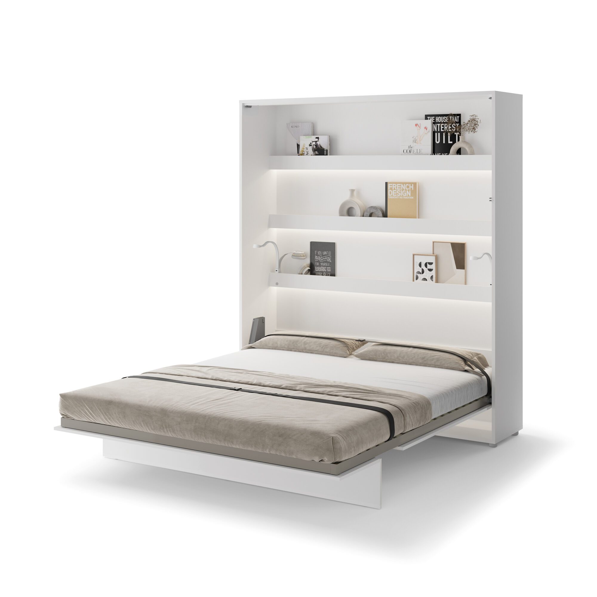 Uitgeklapt verticaal opklapbed 180x200 wit met stalen frame en lattenbodem