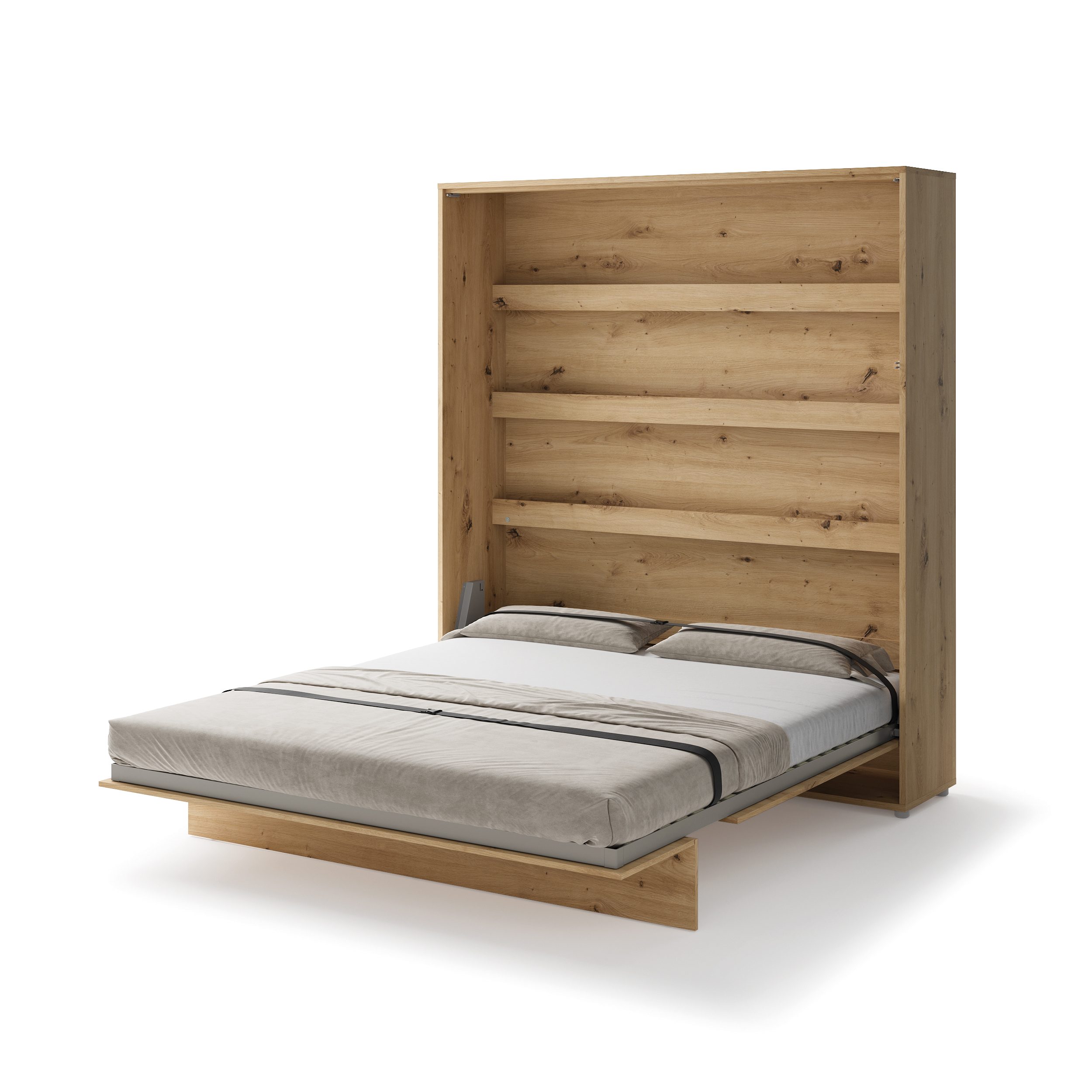 Zijaanzicht van de houten bedkast ombouw 180x200 in eikenkleur