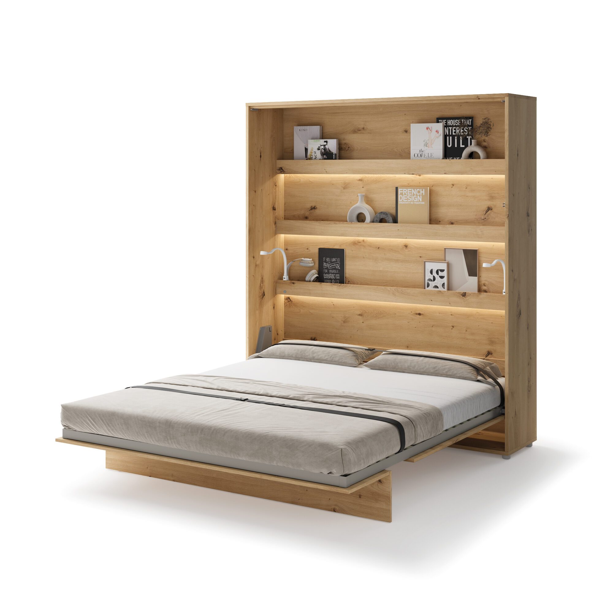 Uitgeklapt verticaal opklapbed 180x200 eikenkleur met stalen frame en lattenbodem