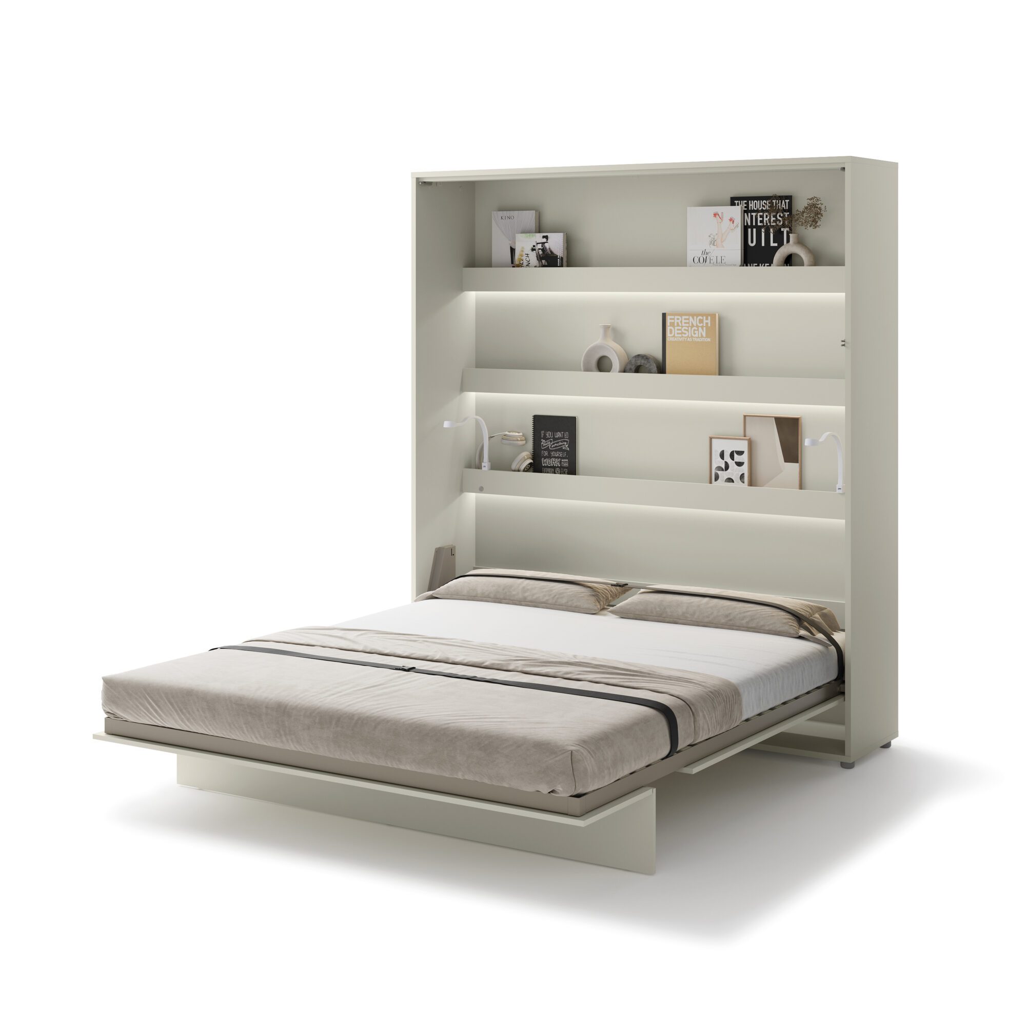 Uitgeklapt verticaal opklapbed 180x200 cashmere met stalen frame en lattenbodem