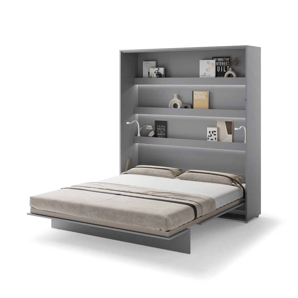 Uitgeklapt verticaal opklapbed 180x200 grijs met stalen frame en lattenbodem