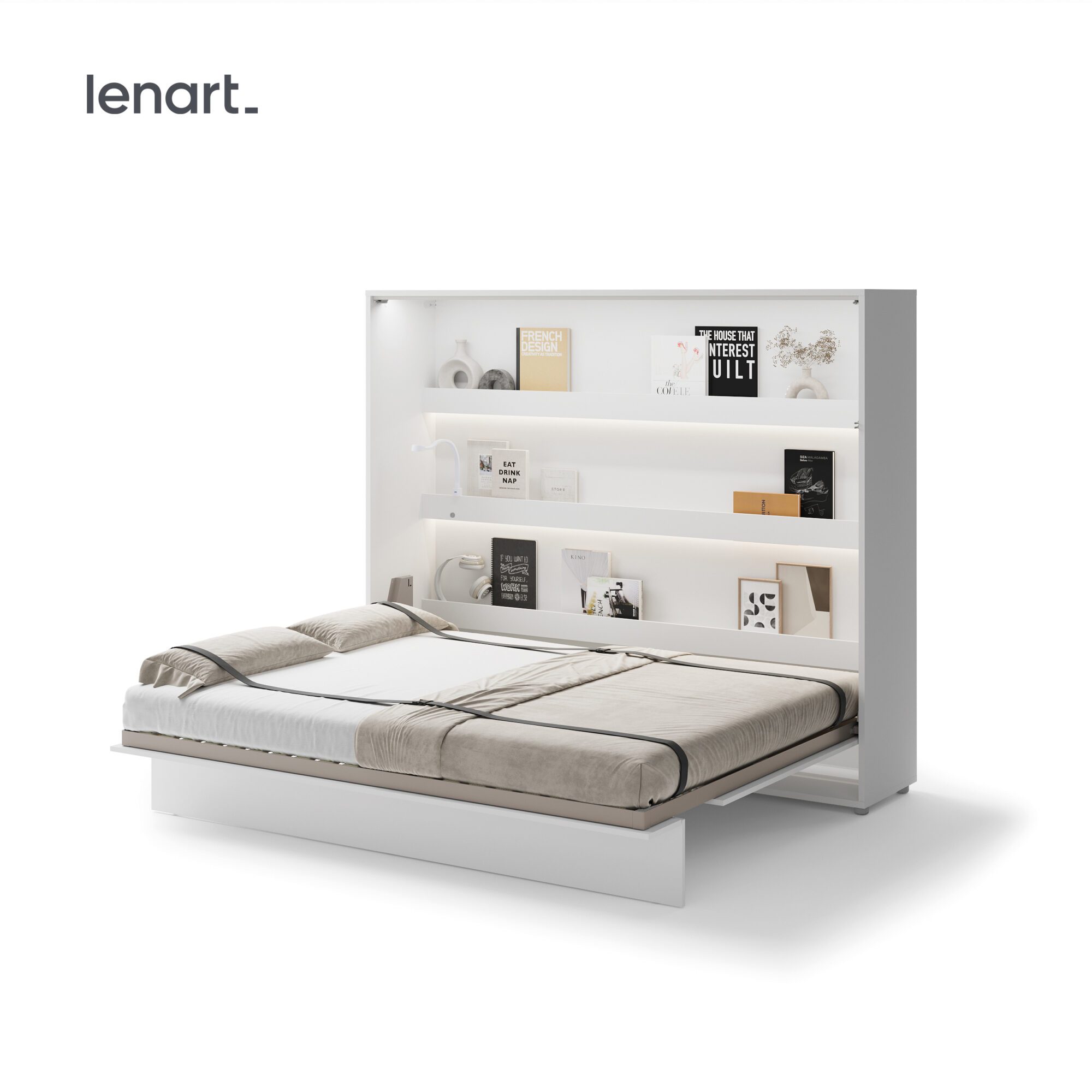 Uitgeklapt horizontaal opklapbed 160x200 hoogglans wit met lattenbodem