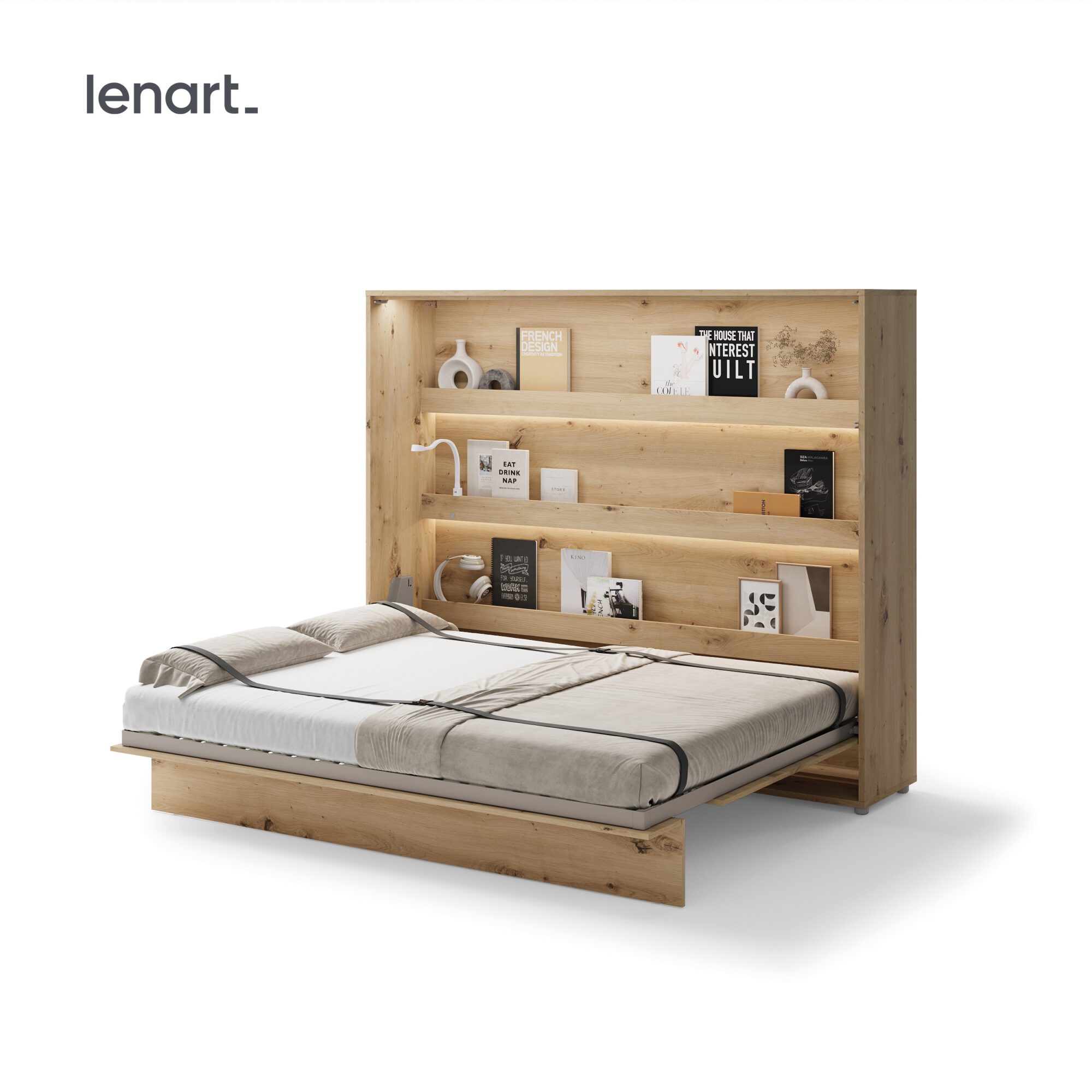 Uitgeklapt horizontaal opklapbed 160x200 eiken met lattenbodem