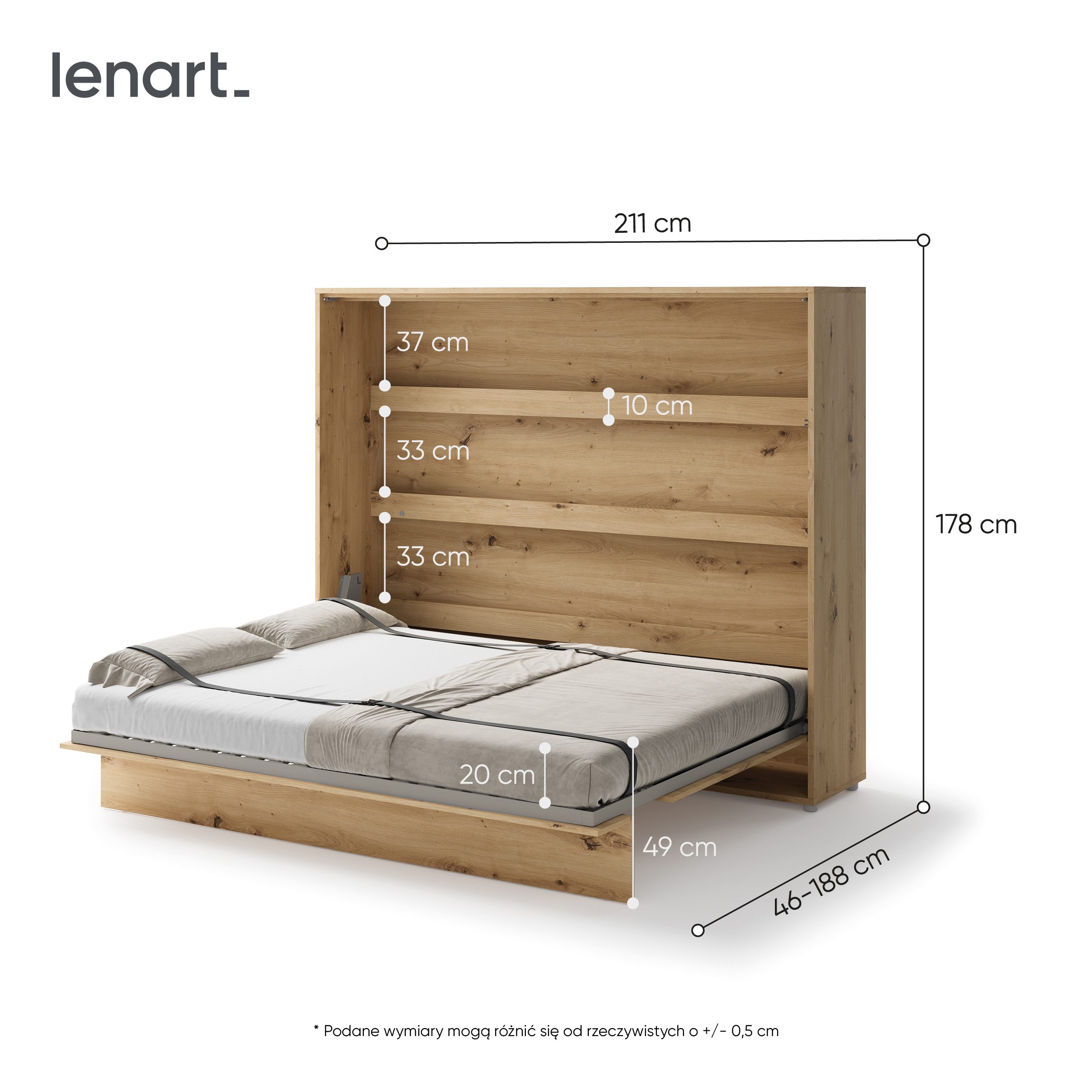 Lenart Bed Concept Horizontaal Opklapbed 160x200 - Eikenkleur - Afbeelding 4