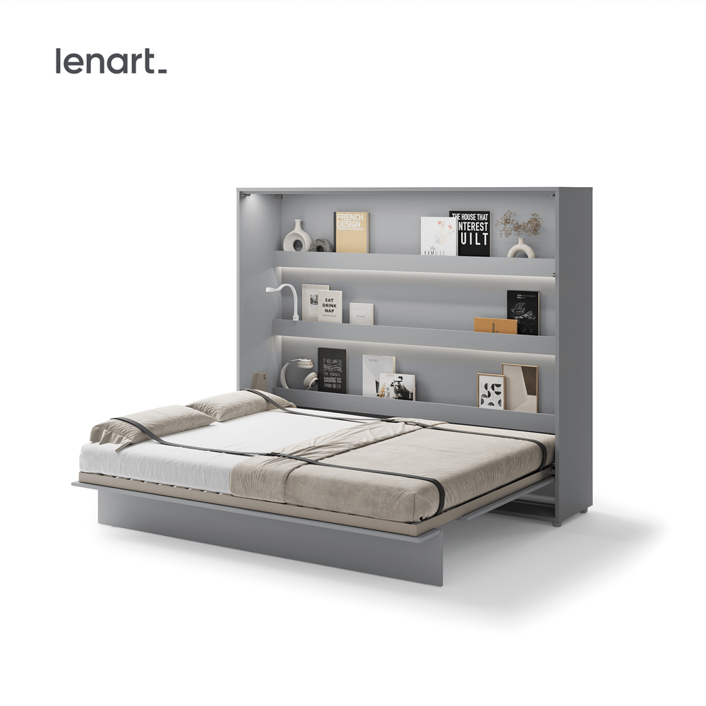 Uitgeklapt horizontaal opklapbed 160x200 grijs met lattenbodem