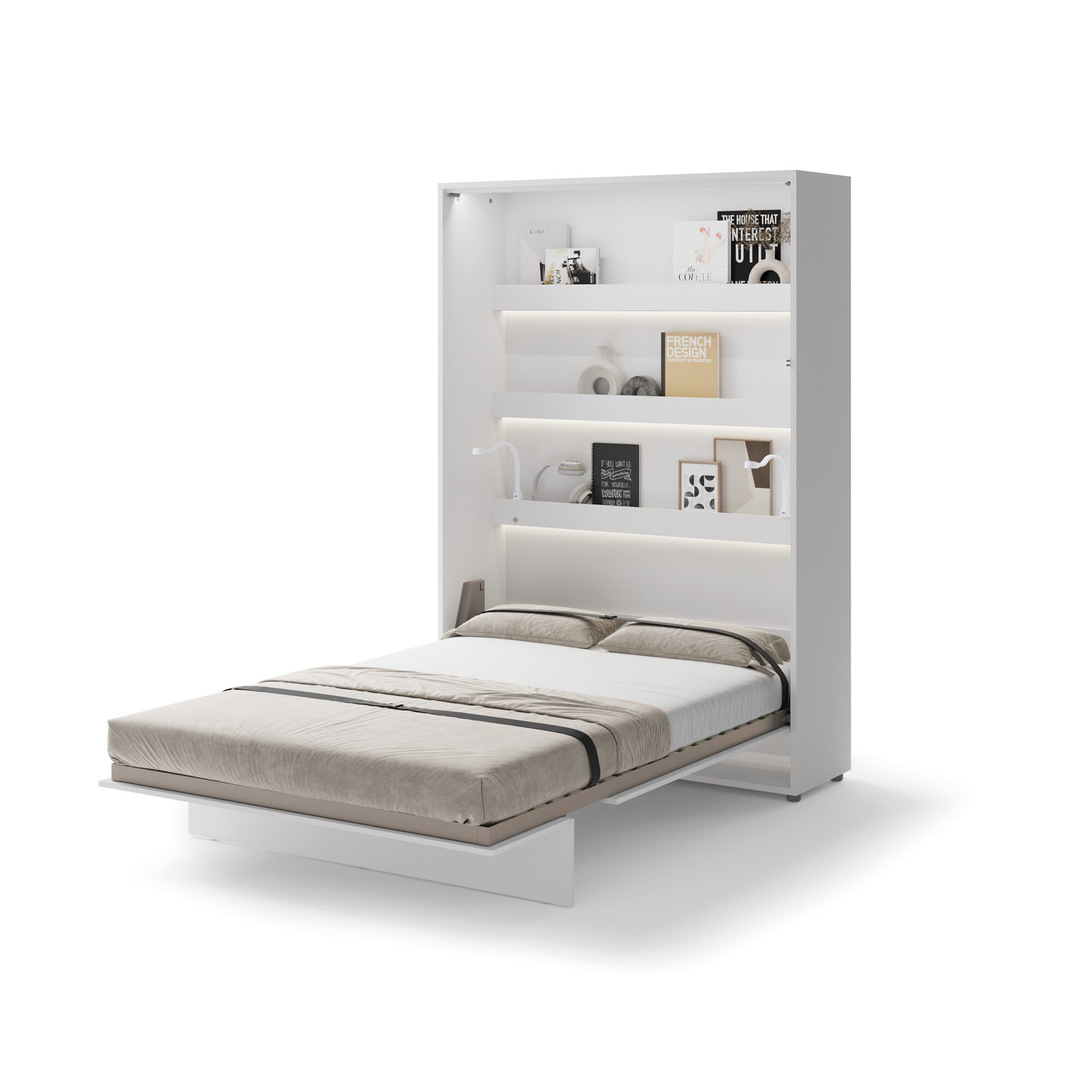 Volwaardig tweepersoons bed van 140x200 cm in hoogglans wit ombouw.