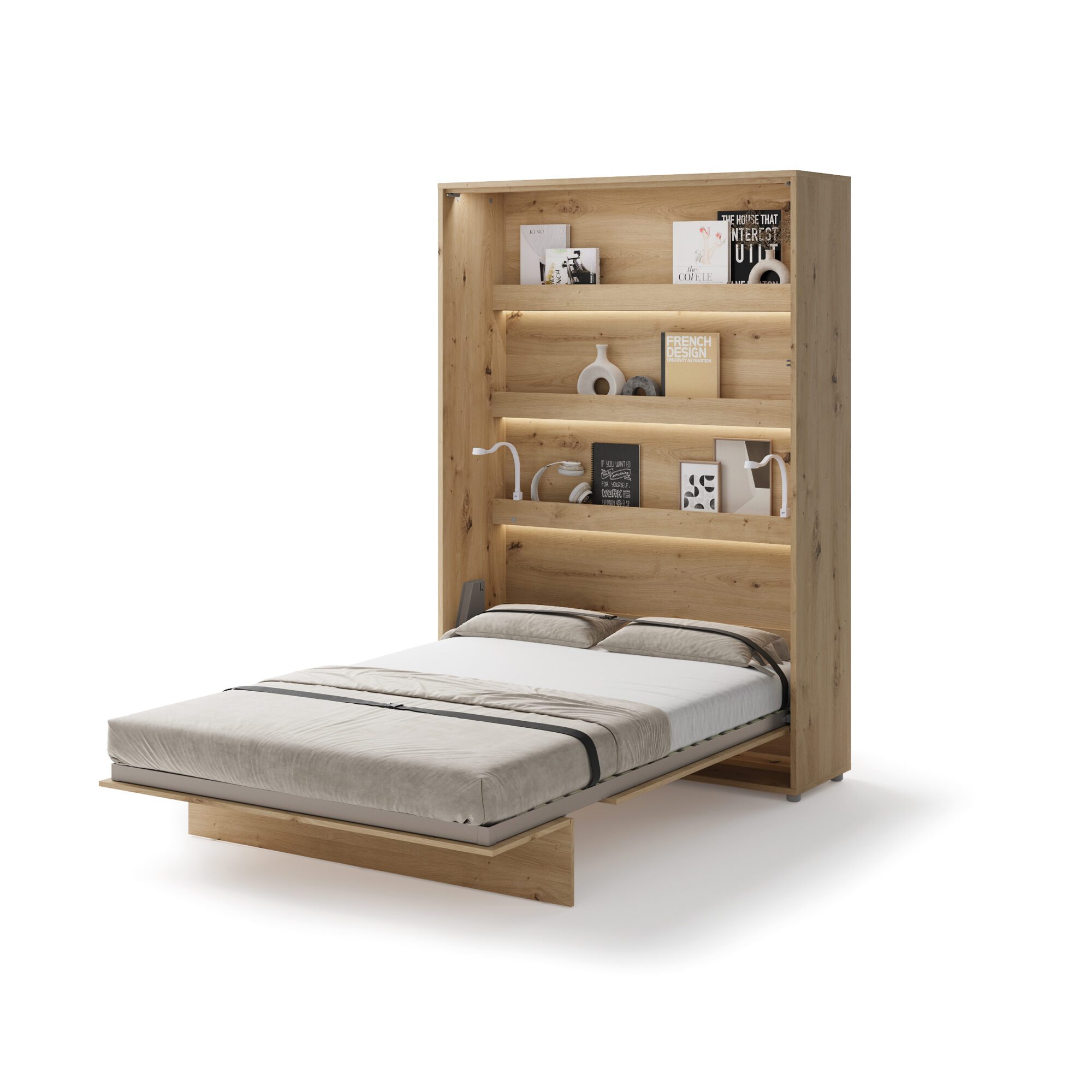 Geopend Lenart Concept verticaal opklapbed 140x200 ambachtelijk eiken opgemaakt als tweepersoonsbed