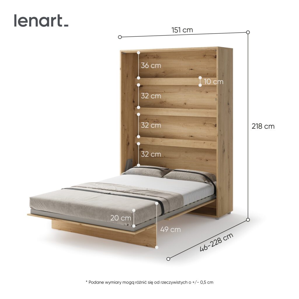 Maatschets van het Lenart Concept verticaal opklapbed 140x200 ambachtelijk eiken met afmetingen 218x151x46 cm