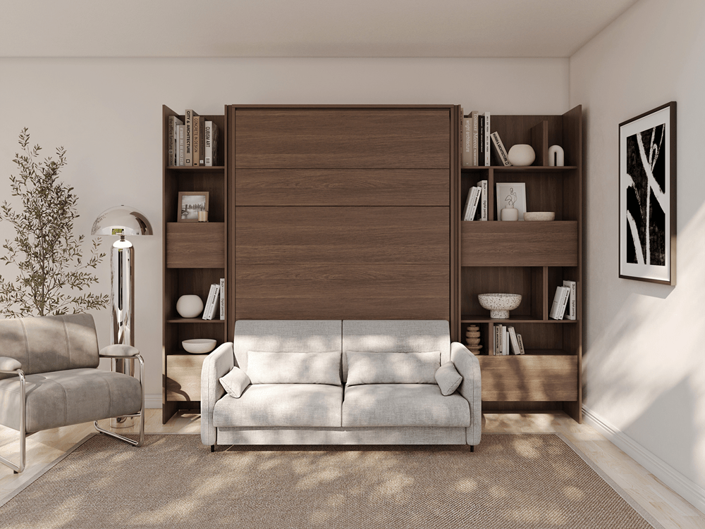 Schuin vooraanzicht van het compleet opengeklapte wandbed 140x200 in een slaapkamer.
