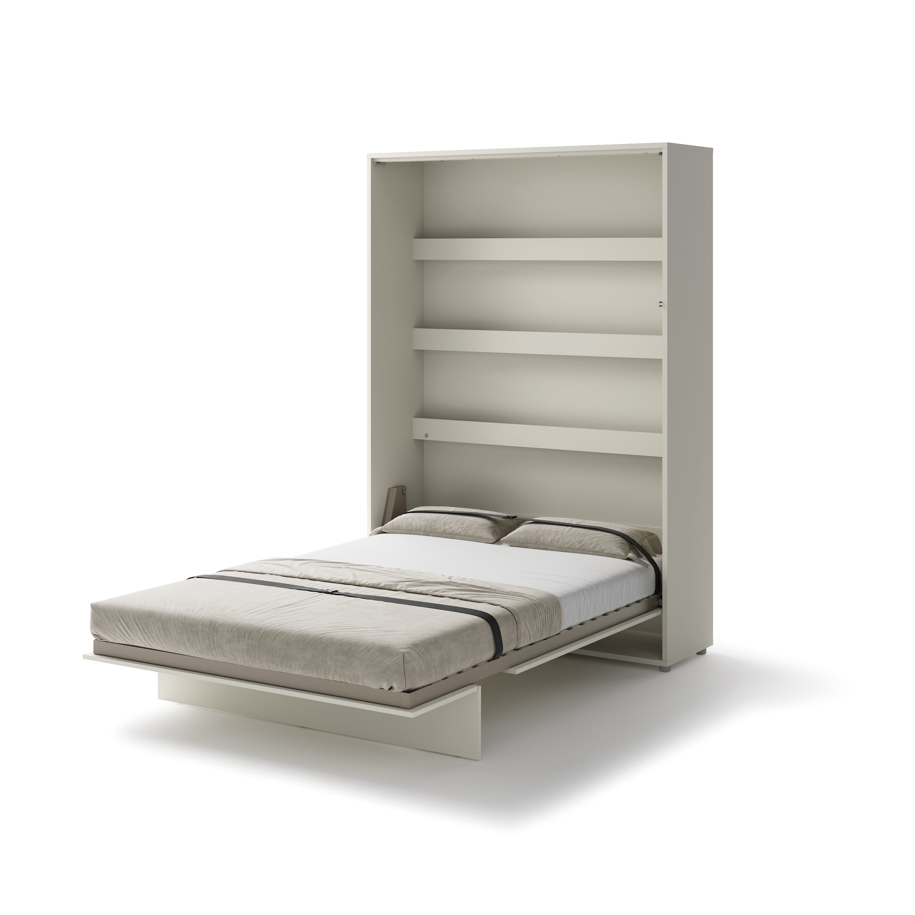 Zijaanzicht van de houten bedkast ombouw in grijs-beige cashmere kleur