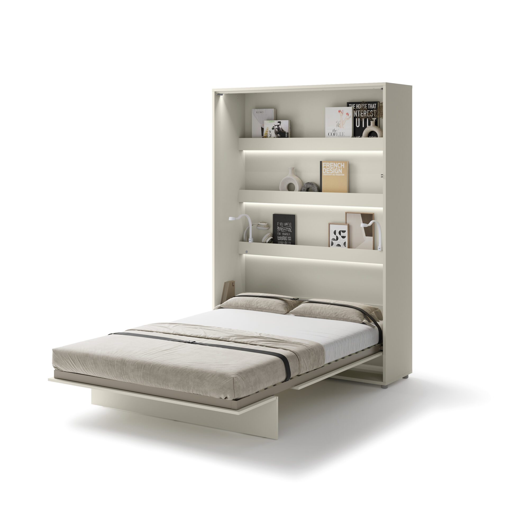 Uitgeklapt verticaal opklapbed 140x200 cashmere met stalen frame en lattenbodem