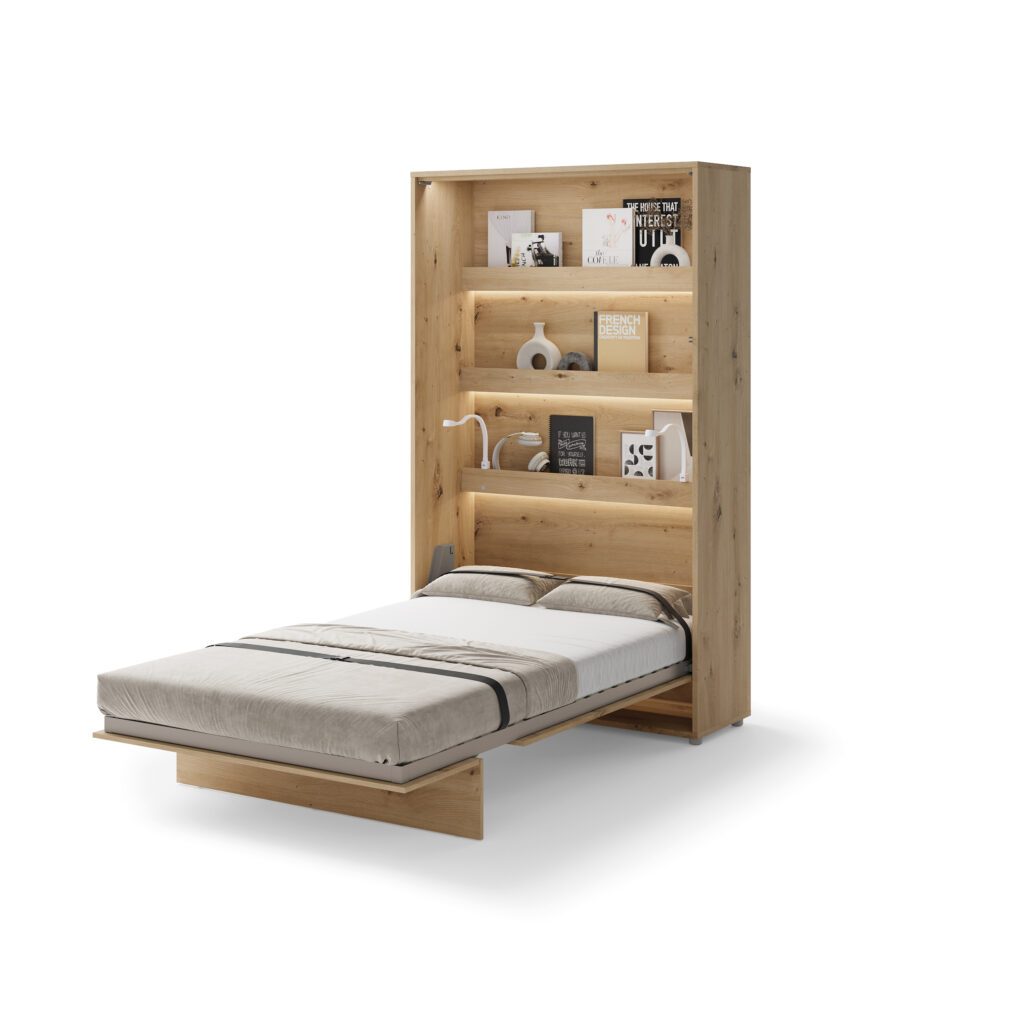 Zijaanzicht van de houten bedkast ombouw 120x200 in eikenkleur