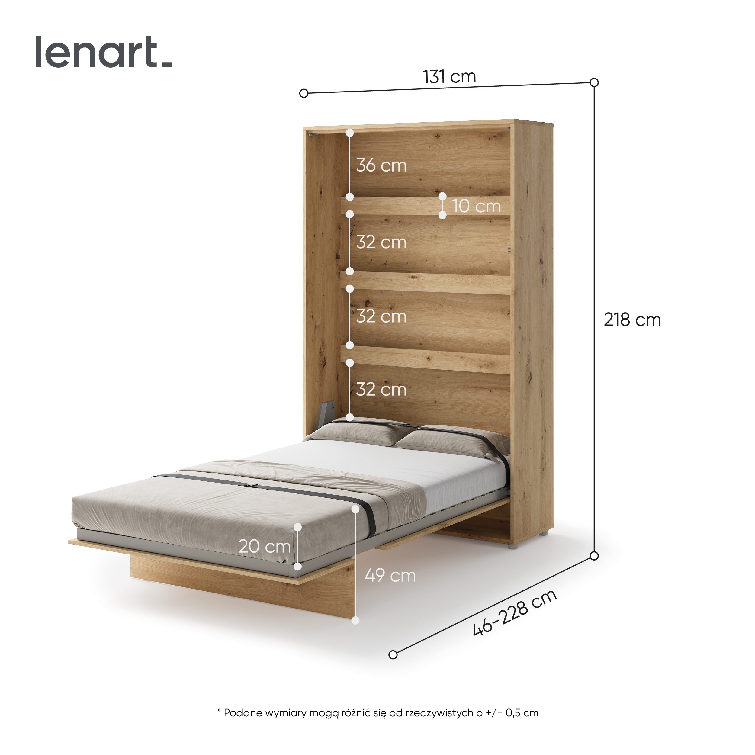 Uitgeklapt verticaal opklapbed 120x200 eikenkleur met stalen frame en lattenbodem