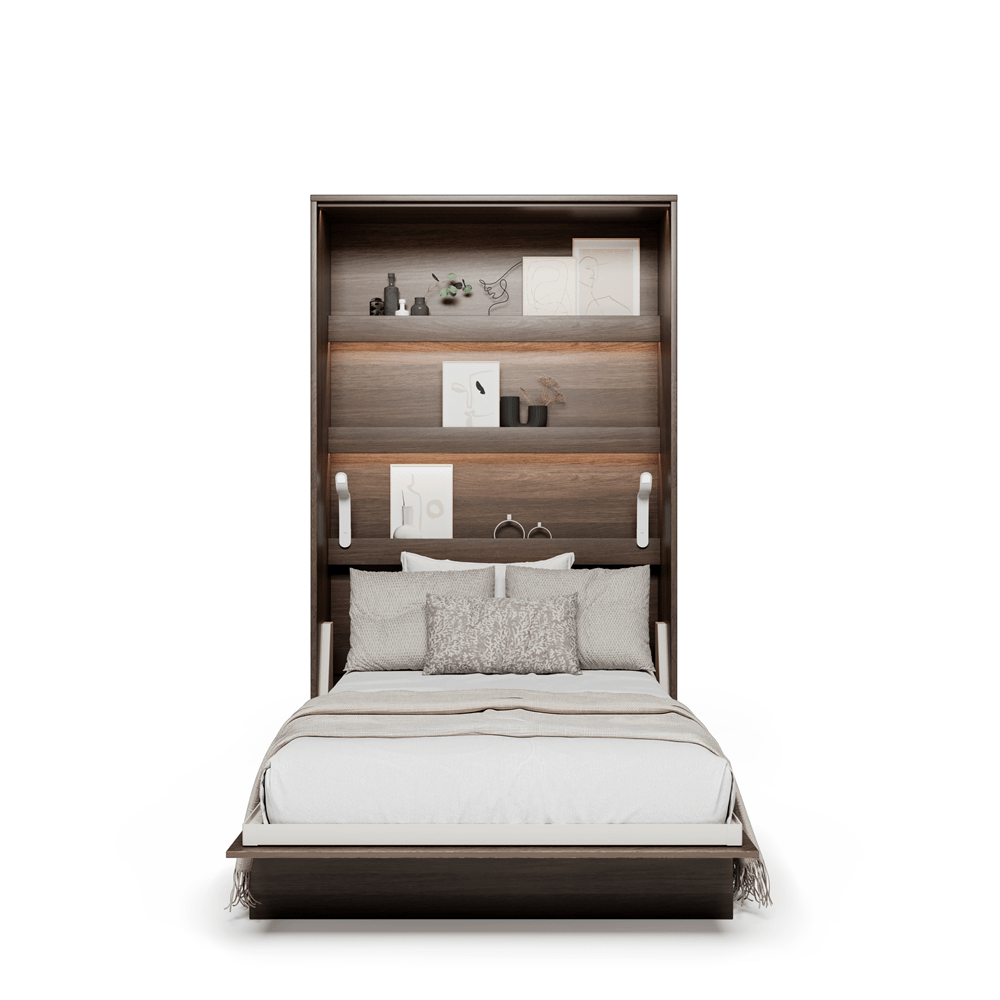 Zijaanzicht van de houten bedkast ombouw 120x200 in kastanjebruine kleur