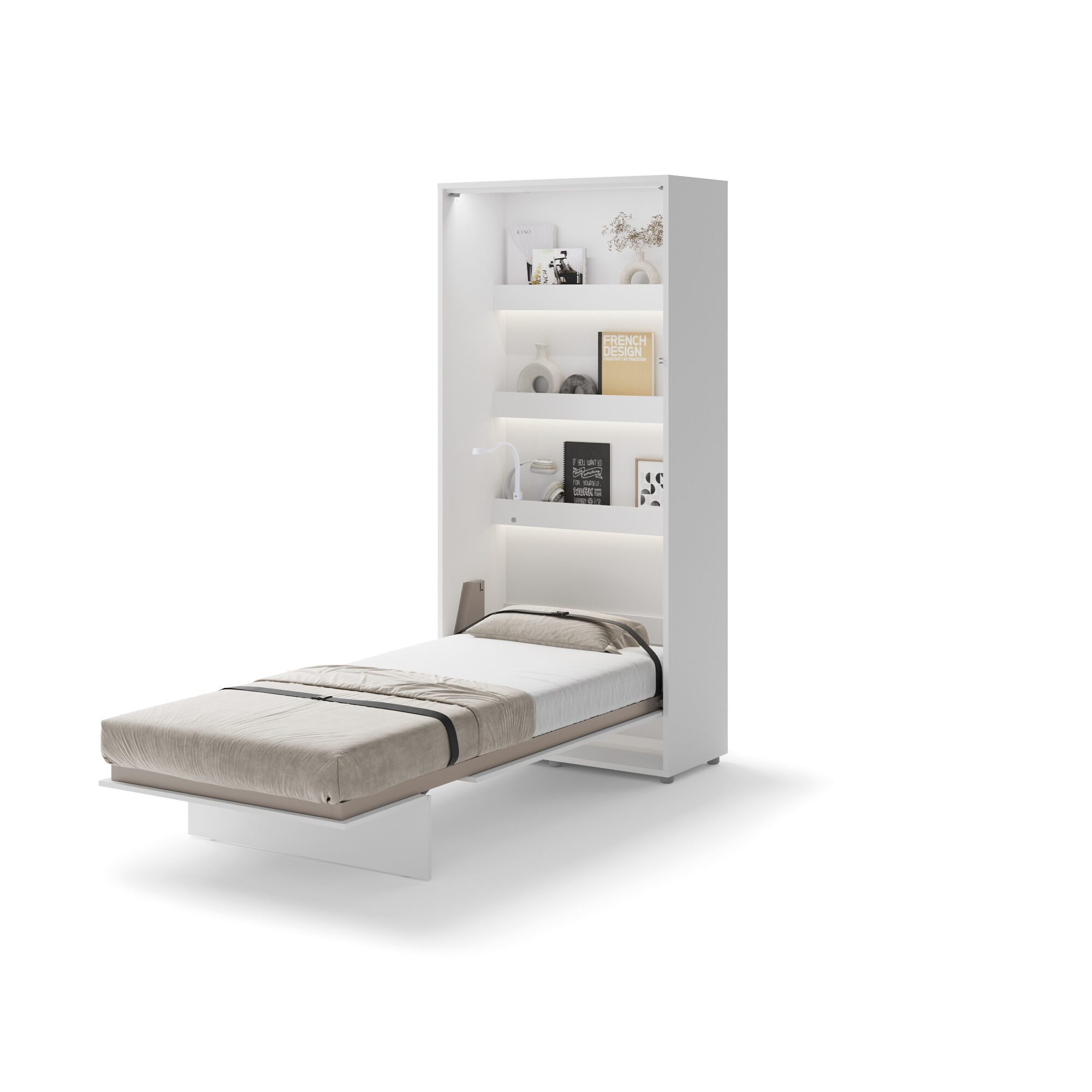 Uitgeklapt verticaal opklapbed 90x200 hoogglans wit met stalen frame en lattenbodem